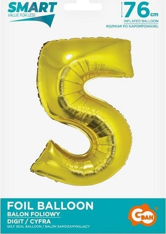 Smart Cyfra 5 gold foil balloon