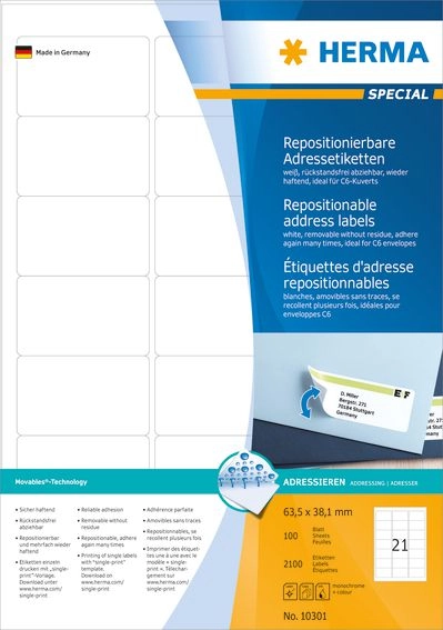 HERMA Repositionable address labels A4 63