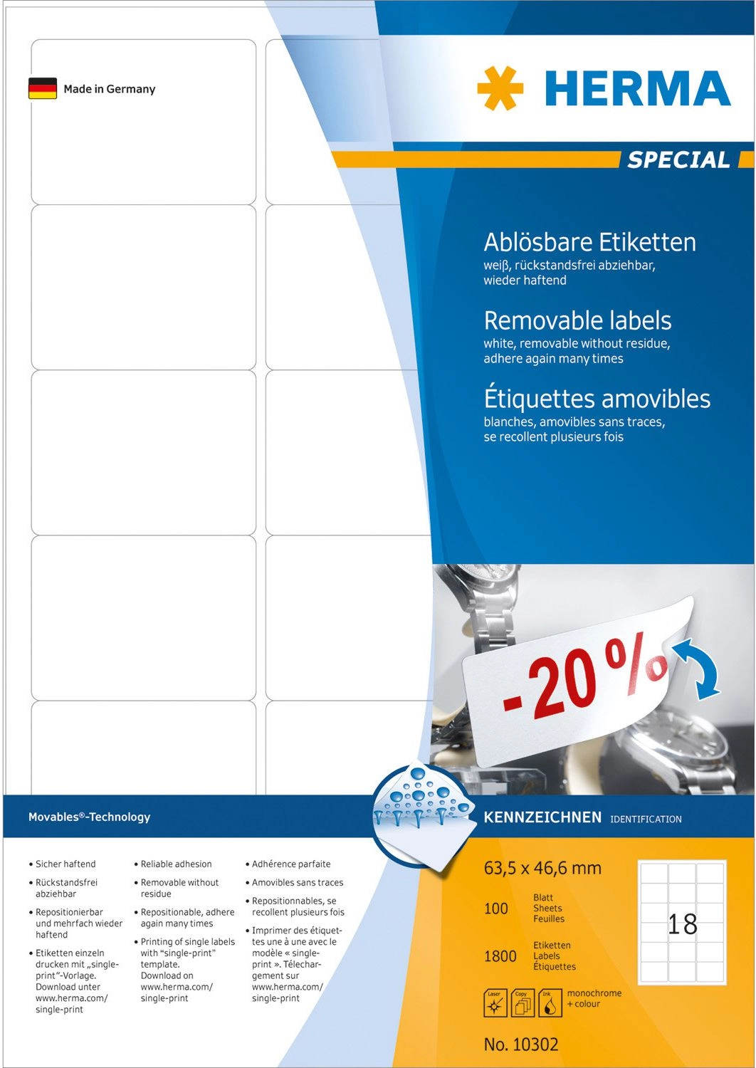 HERMA Removable labels A4 63.5x46