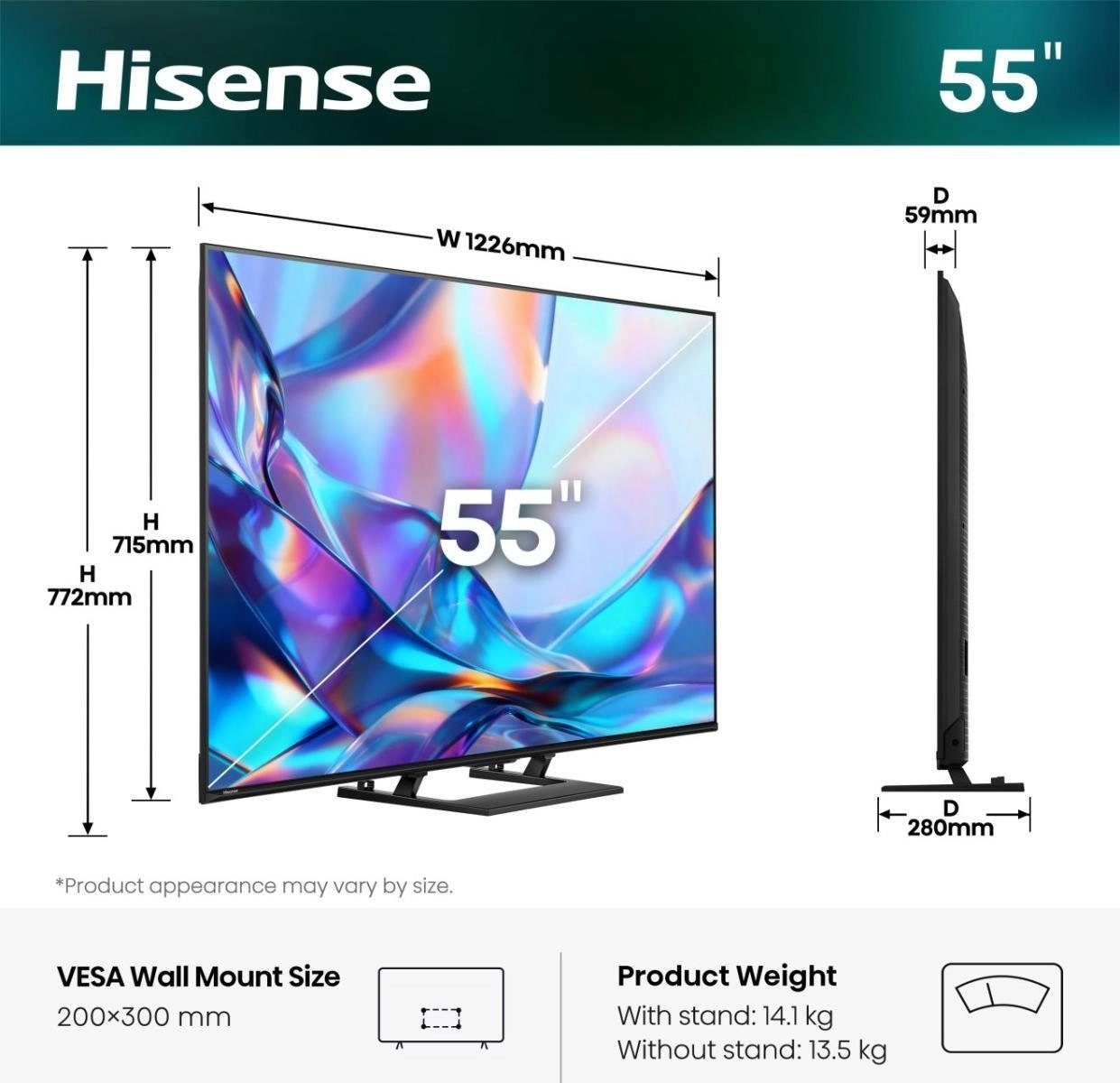 Hisense 55A7DS 139,7 cm (55") 4K Ultra HD Viedtelevizors Wi-Fi Melns