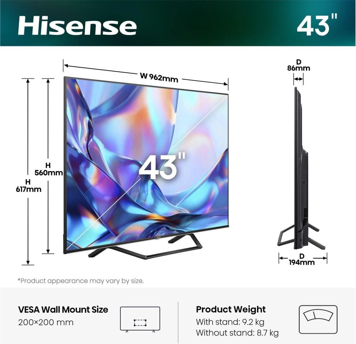 Hisense 43A7DS 109,2 cm (43") 4K Ultra HD Viedtelevizors Wi-Fi Melns