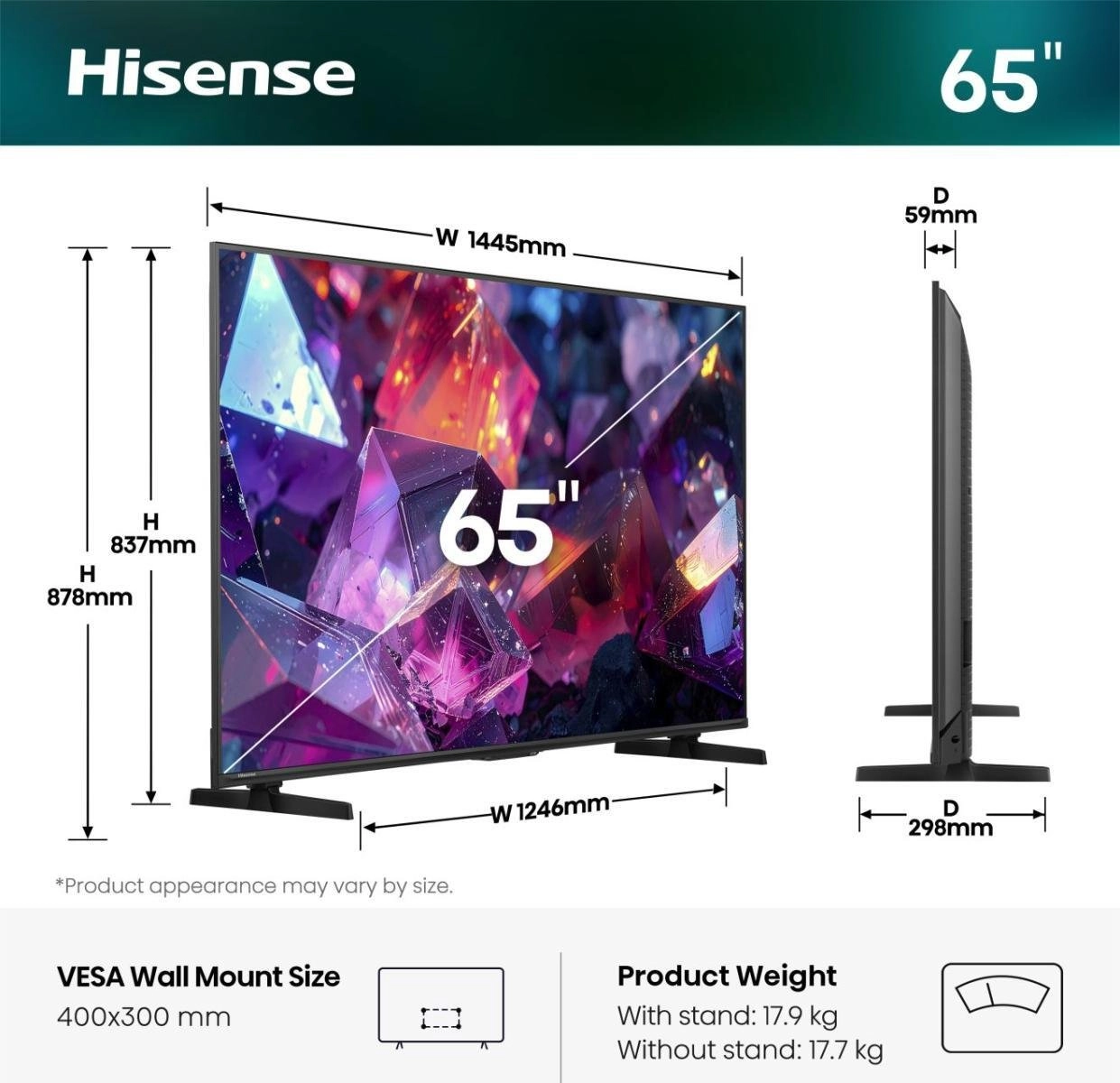 Hisense 65E7S PRO Hi-QLED televizors (164 cm (65 collas), melns/tumši pelēks, UltraHD/4K, Free-Sync-Premium, 144 Hz panelis)