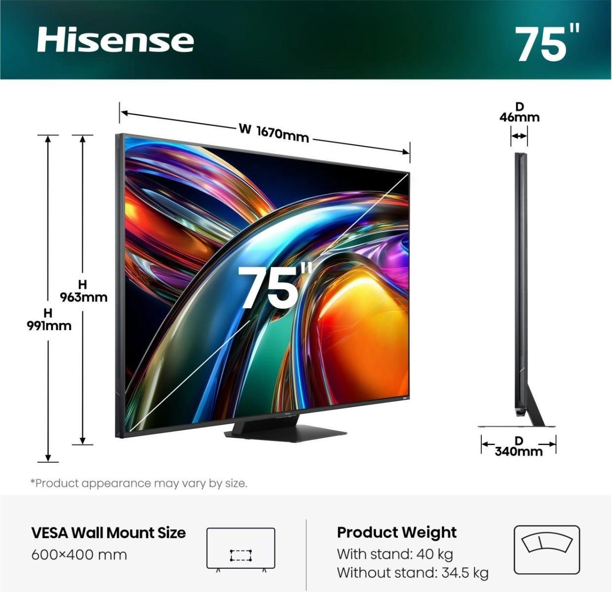 Hisense 75UR9DS 190,5 cm (75") 4K Ultra HD Viedtelevizors Wi-Fi Melns