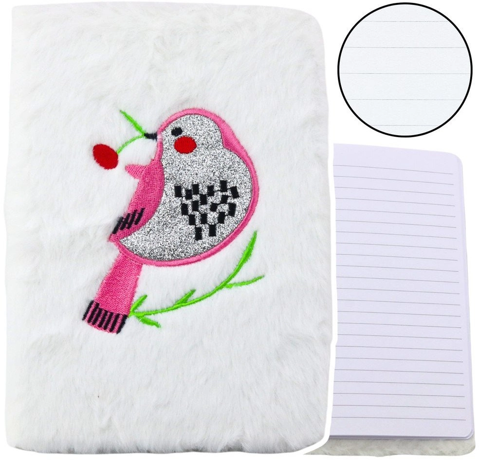 Plush Lined Notebook With Bird Silver