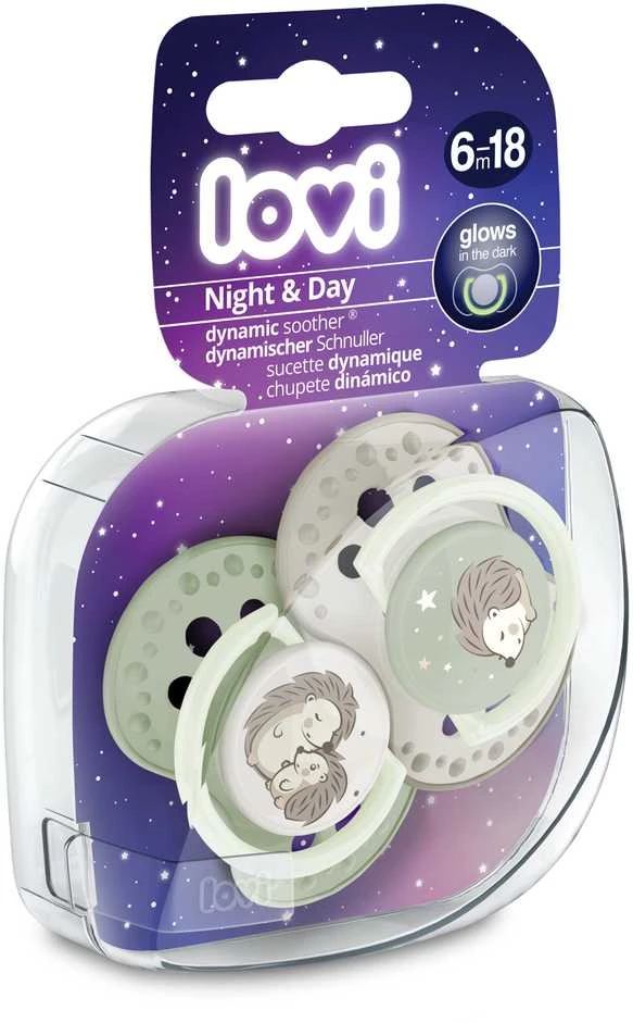LOVI silikoniniai dinaminiai čiulptukai NightDay Hedgehog