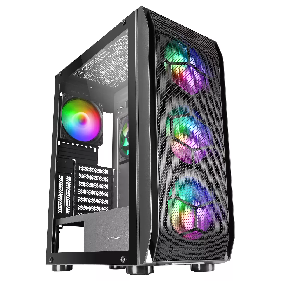 Mars Gaming MC-KX Black Premium E-ATX spēļu tornis FREEZER CPU sistēma 5 īpaši klusi ARGB ventilatori ARGB kontrolieris un RF kontrolieris sieta priekšpuse