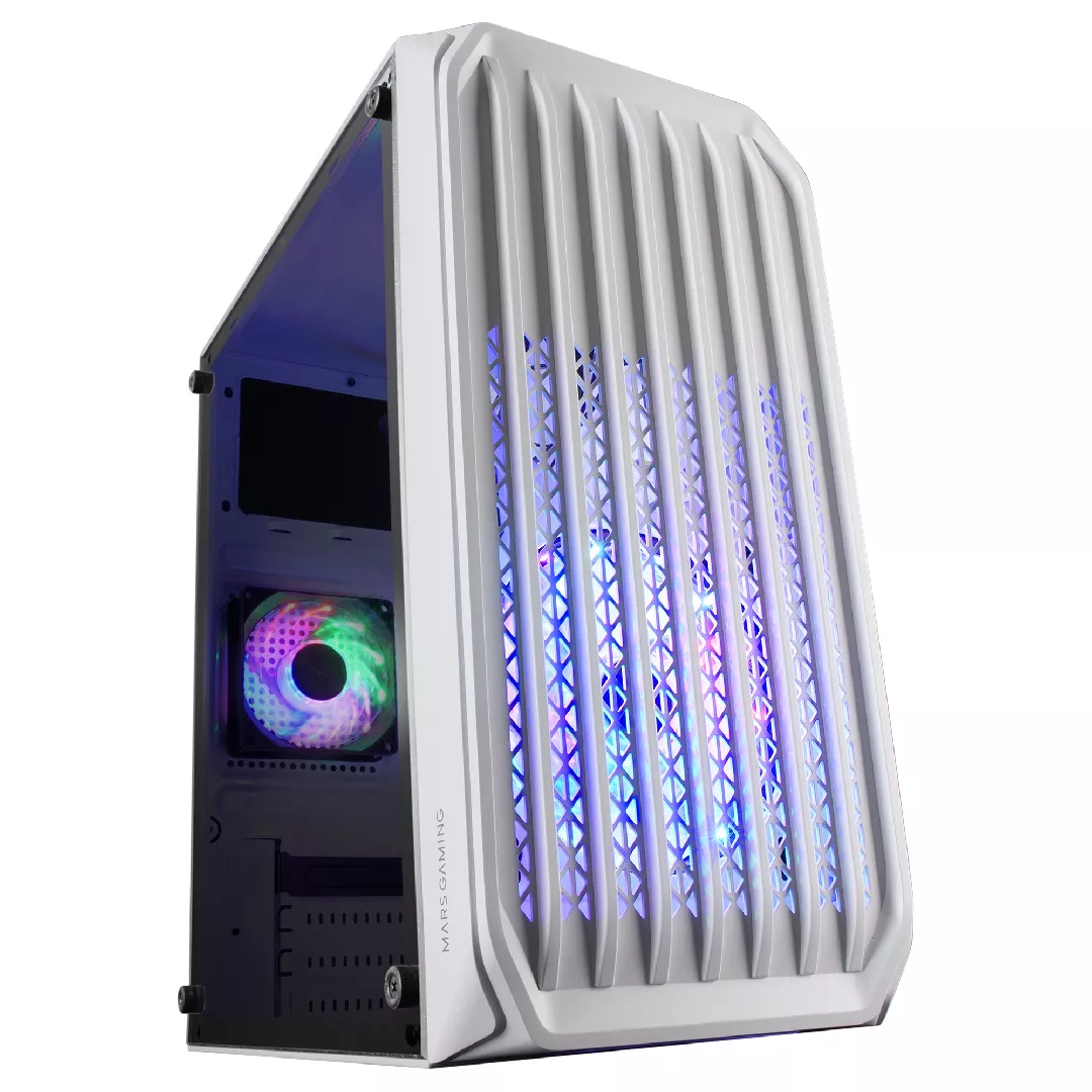 Mars Gaming MC-S2 White Compact Micro-ATX spēļu datora korpuss 2 FRGB varavīksnes ventilatori ar priekšējo režģi ar pilnu sānu logu