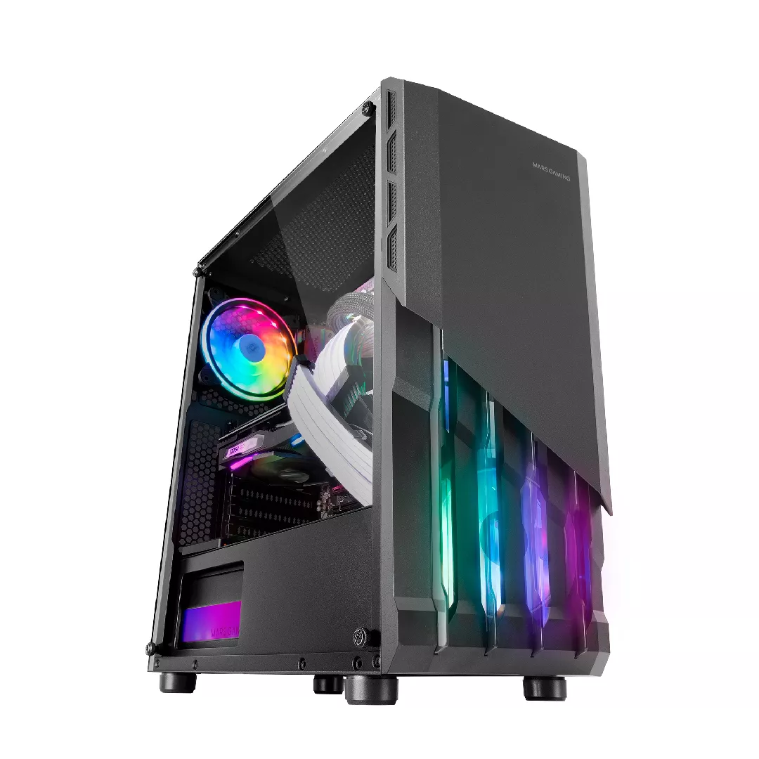Mars Gaming MC-X2 melns PC Gaming ATX korpuss FRGB tērauda priekšpuse 2 ventilatori 12cm FRGB pilns sānu logs