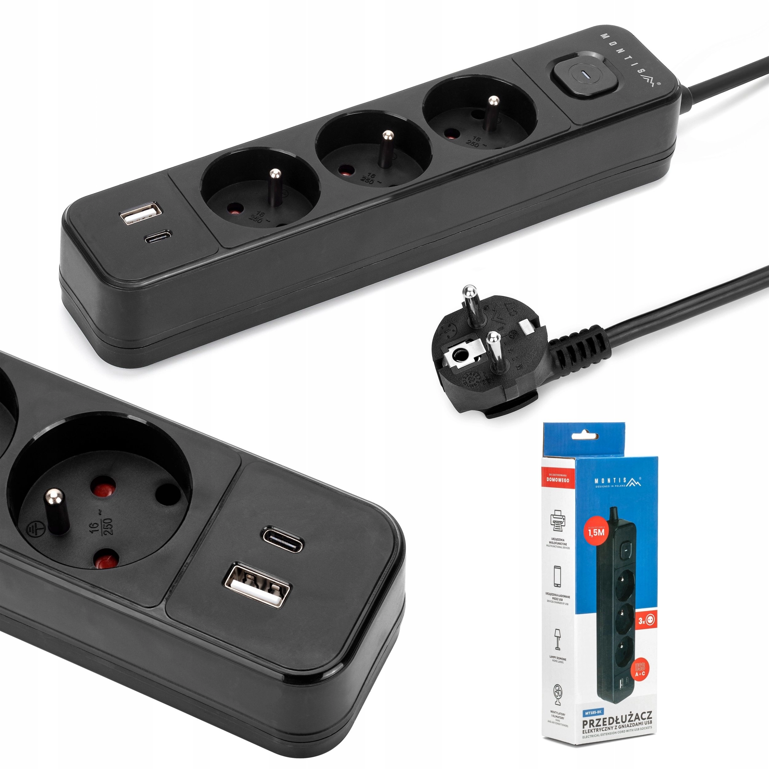 Montis Black 3-socket electric extension cable