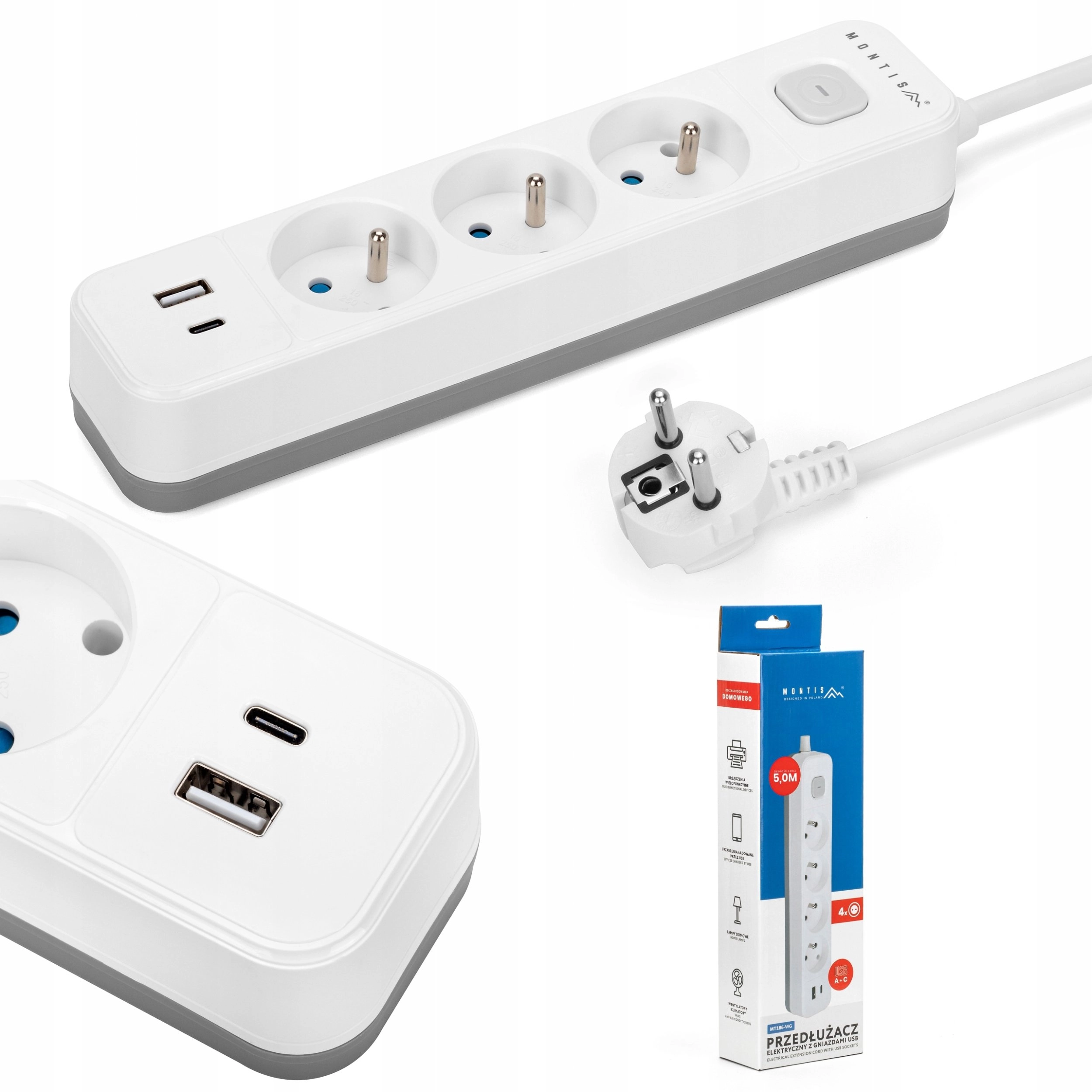 White and gray 3-socket electric extension