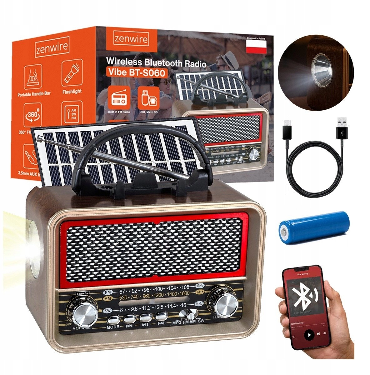 Retro FM Radio Solar Bluetooth Portable