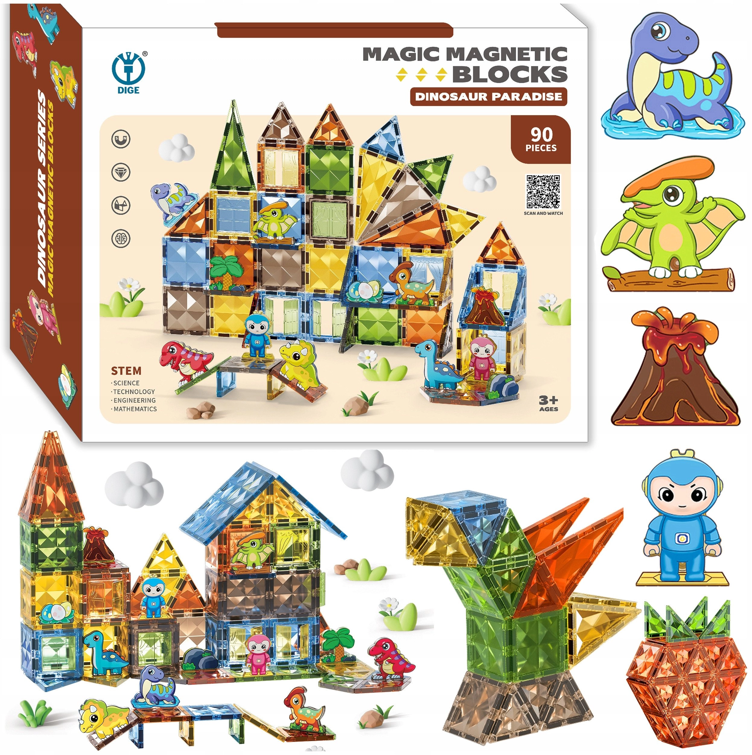 BK2 KLOCKI MAGNETYCZNE DIAMENTOWE         DINOZAURY 90
