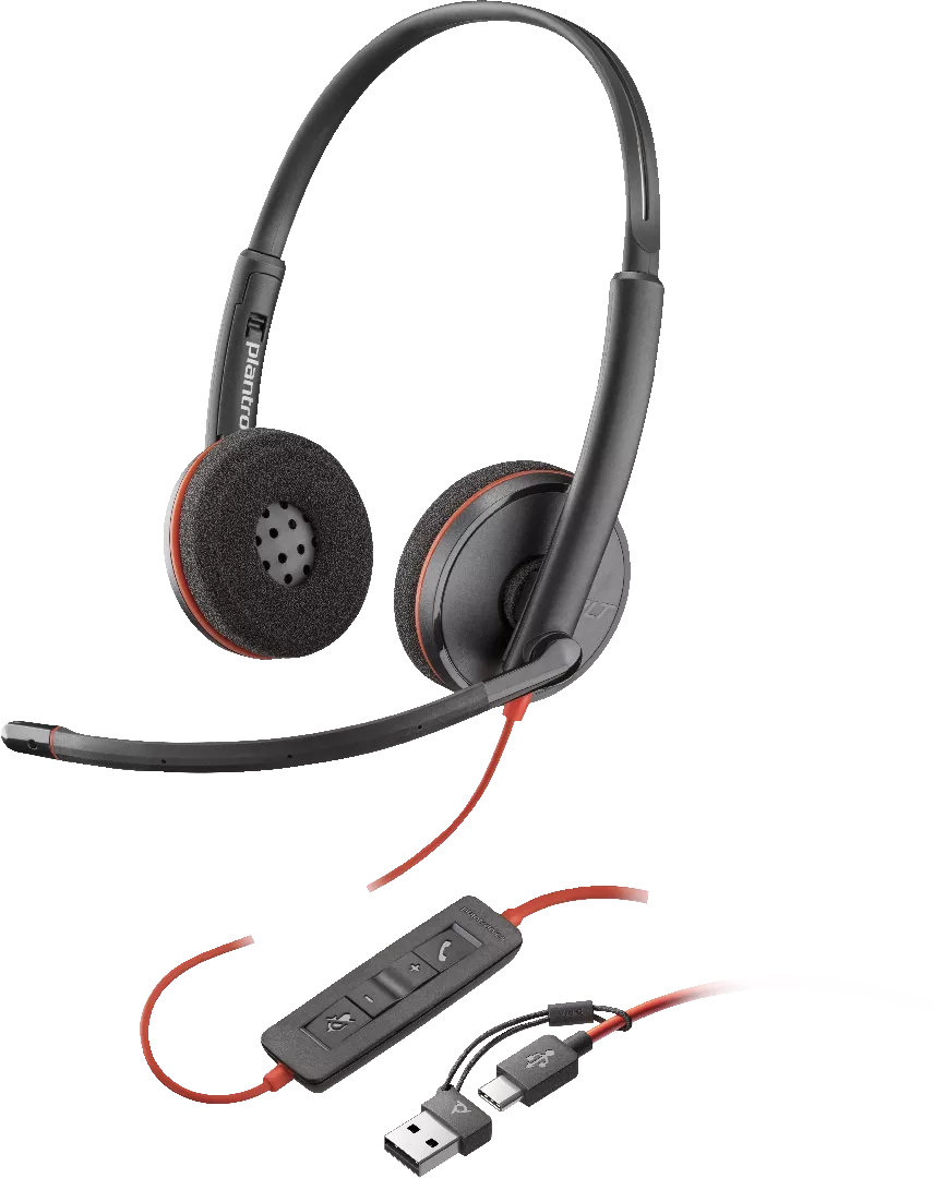 POLY Blackwire 3220 stereo USB-C galvas tālrunis + USB-C/A adapteri