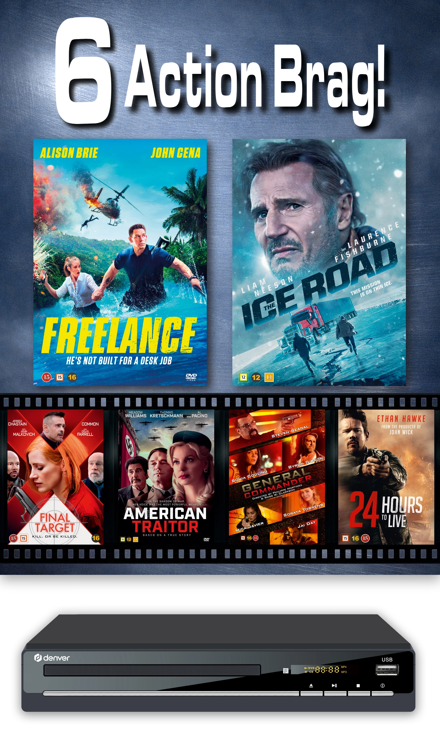 6 Action Movies Denver DVD PLAYER