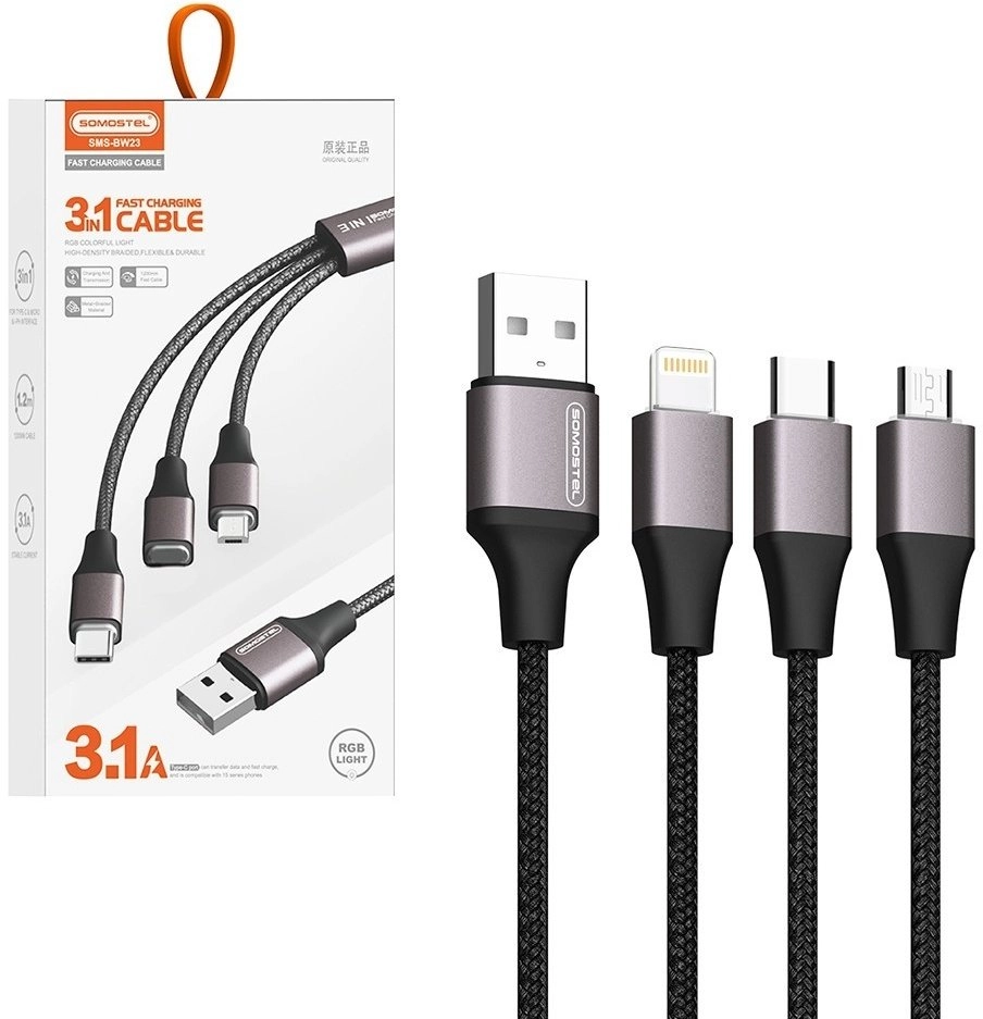USB Somostel Cable 3w1 wzmacniany RGB
