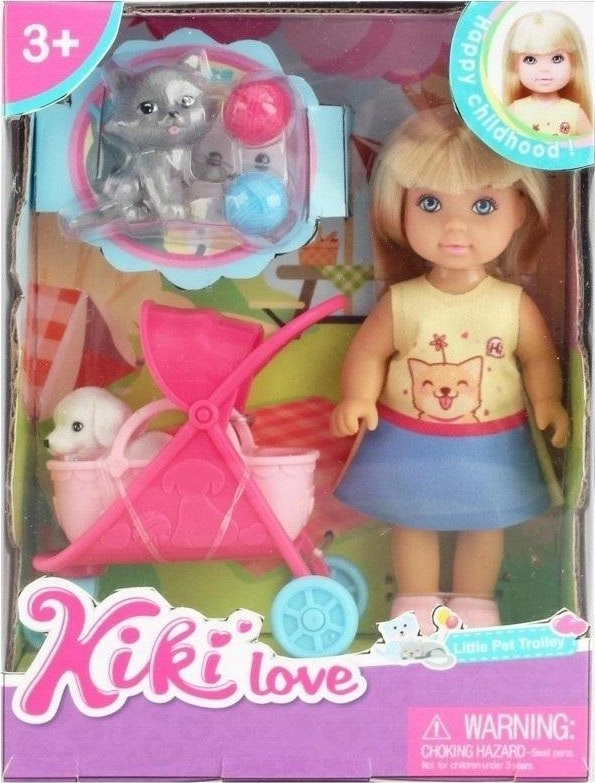 Doll with a stroller and animals