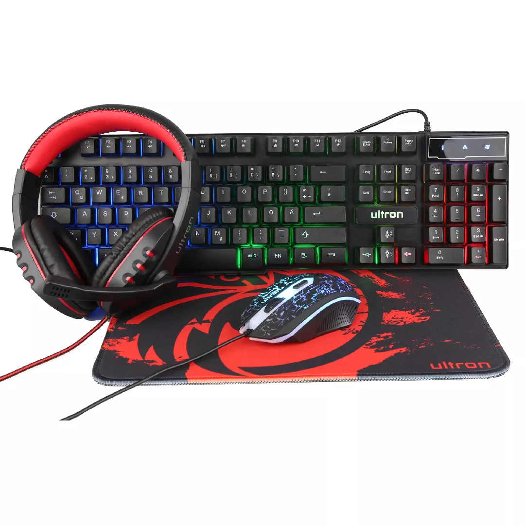 Ultron HAWK Gaming Set tastatūra Pele iekļauta Speļu QWERTZ Vācu Melns, Sarkans, Balts