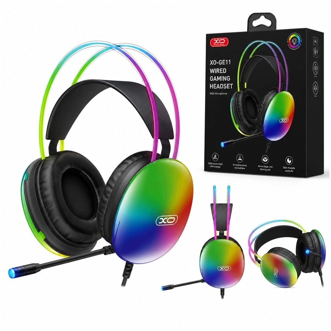 XO XO austiņas vadu austiņas GE11 3,5 mm ligzda - USB-A auss melns RGB mikrofons