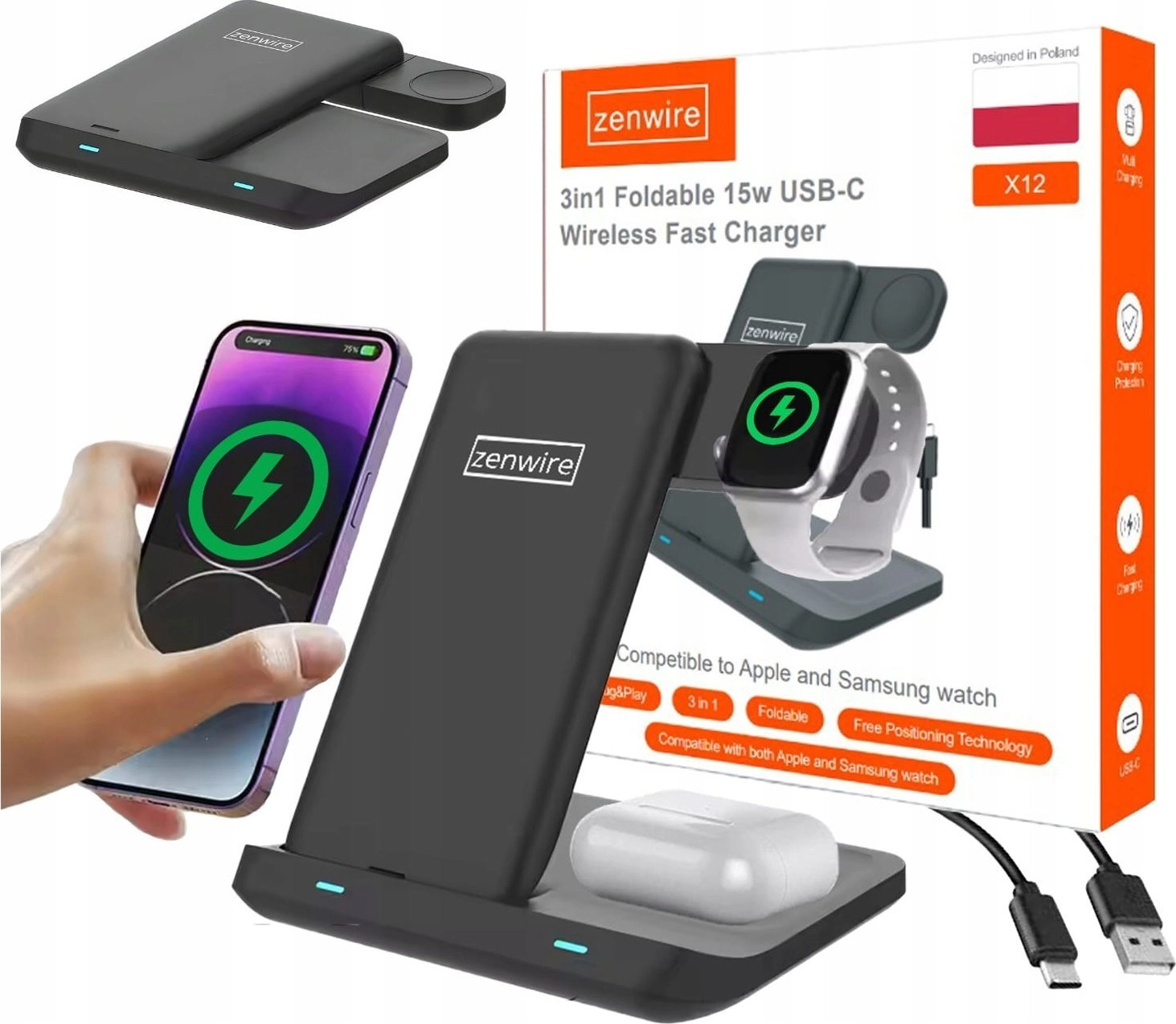 3in1 USB-C Inductive Wireless Charger for