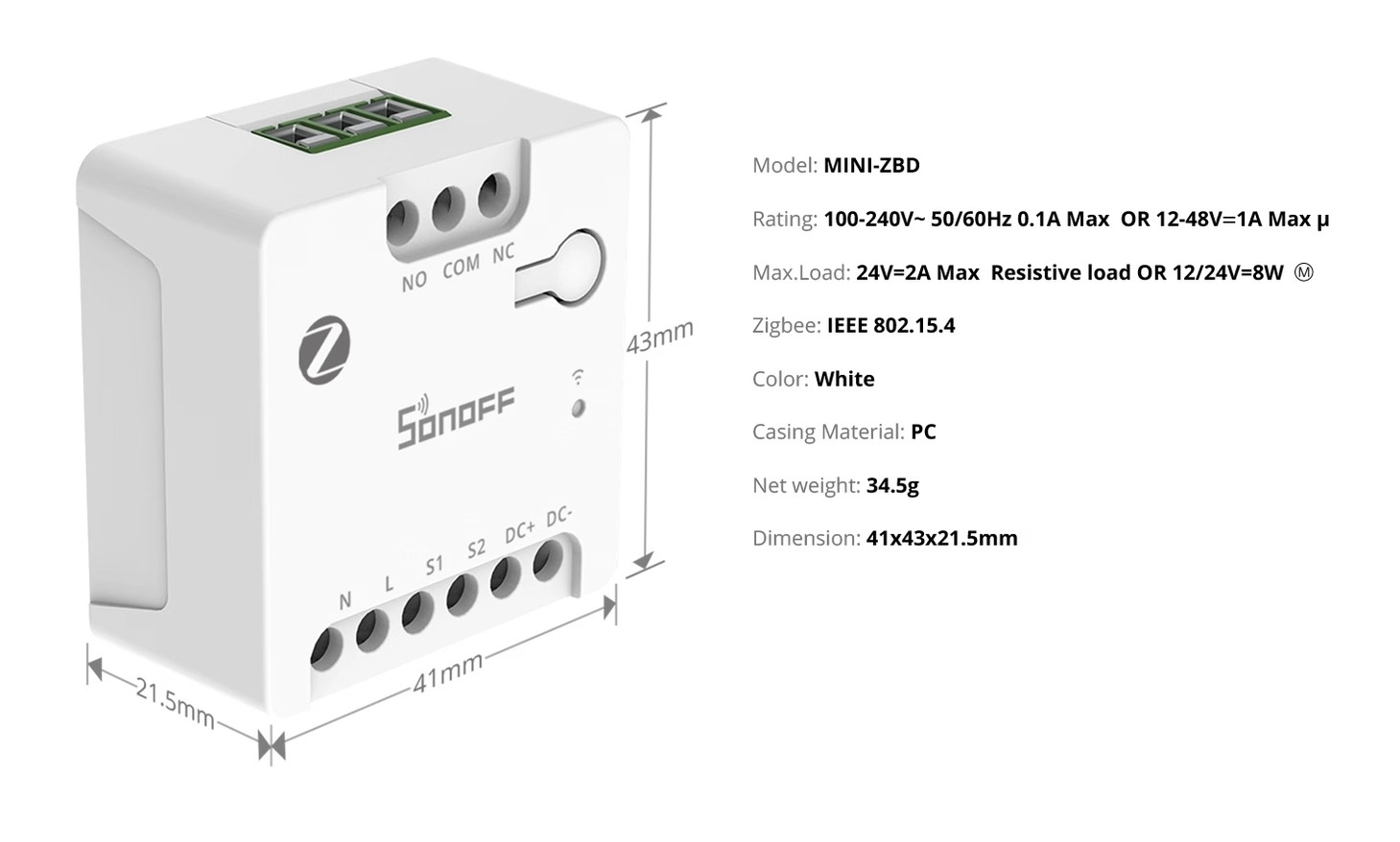 Viedais relejs MINI-ZBD Zigbee sausais kontakts