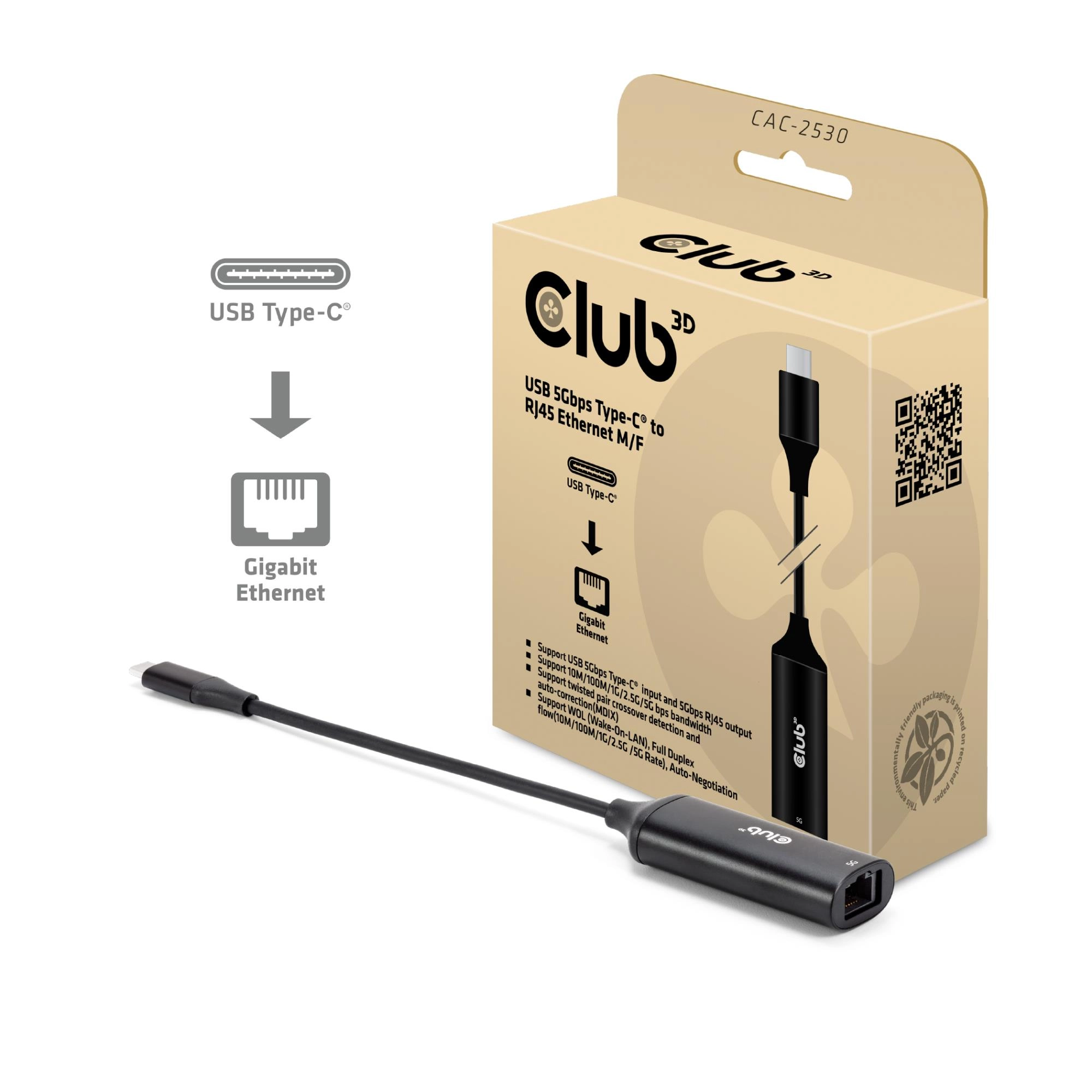 CLUB-3D Adapter USB-C 5Gbps-RJ45 Ethernet St/B