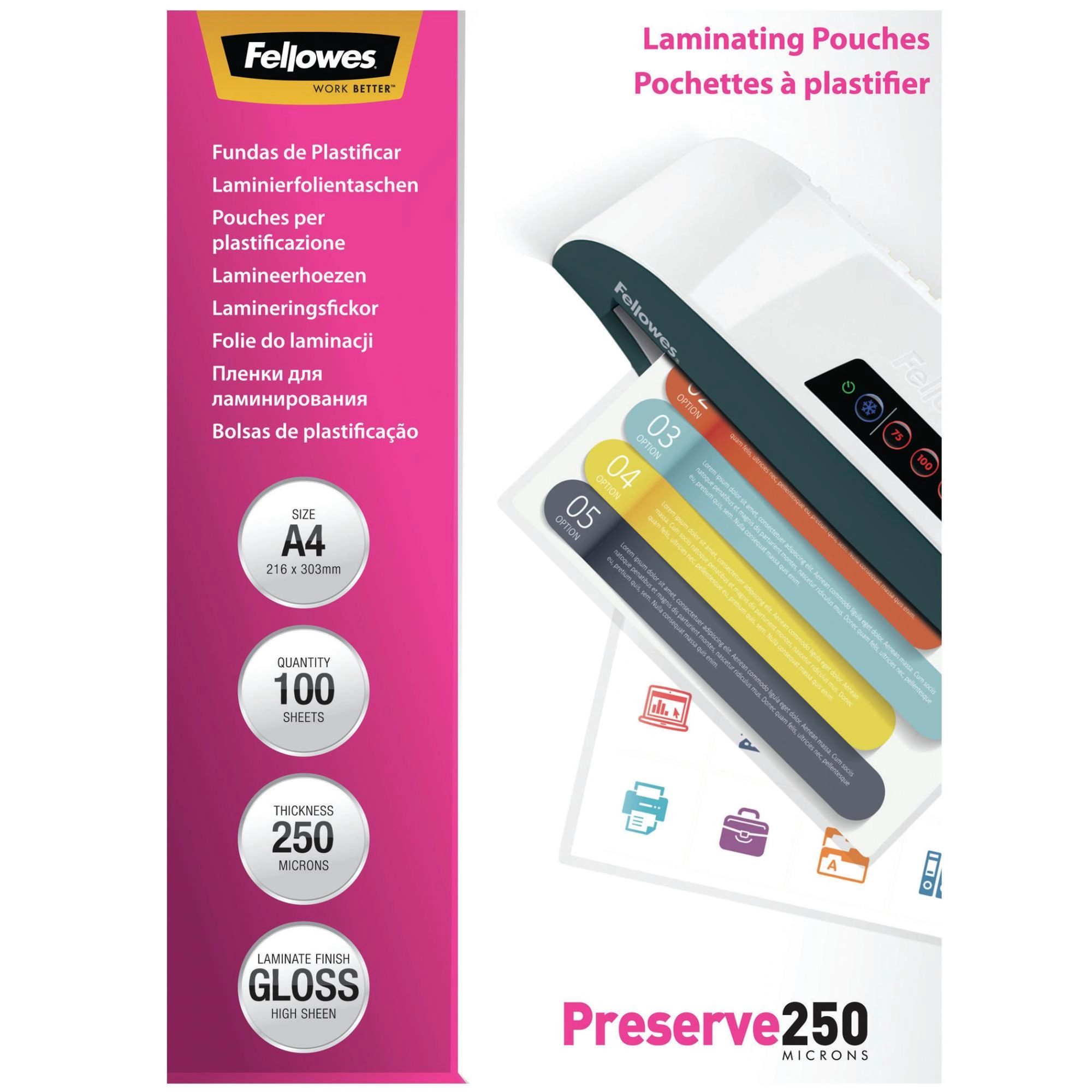 Fellowes A4 Glossy 250 Micron Laminating