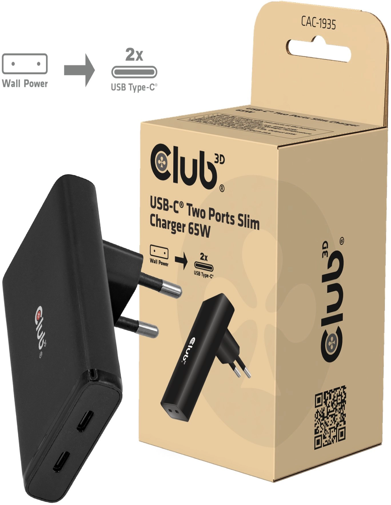 CLUB3D USB-C® Two Ports Slim Charger