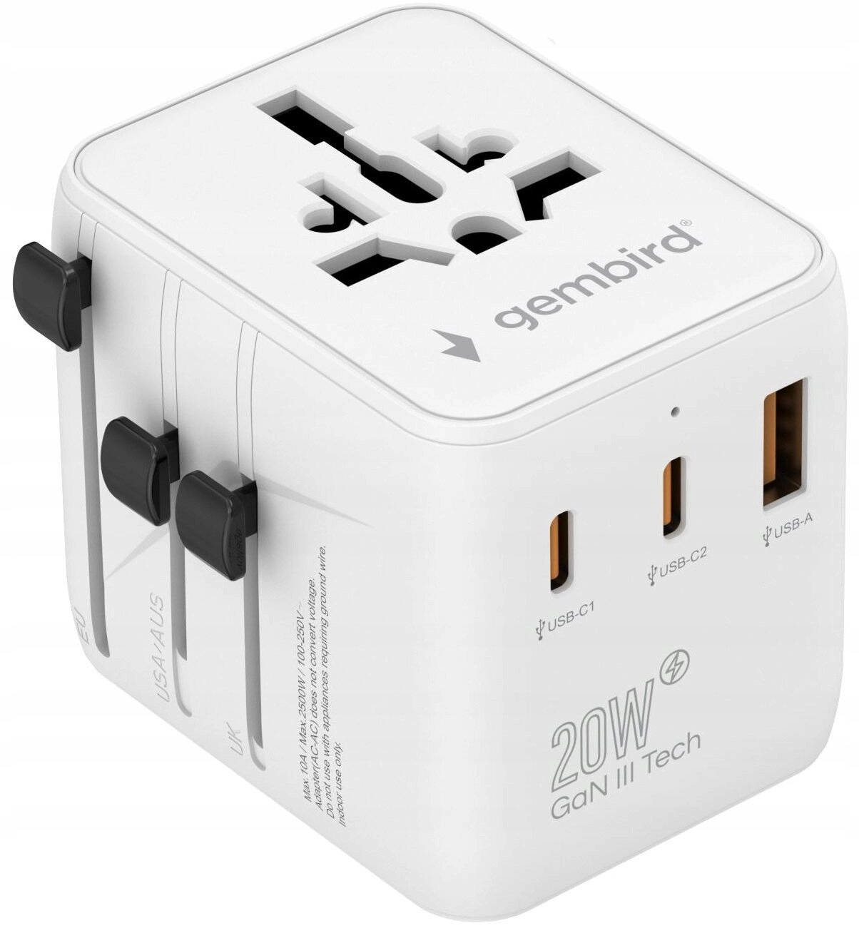 Gembird TPA-1A2C20-01-W Universal travel power adapter