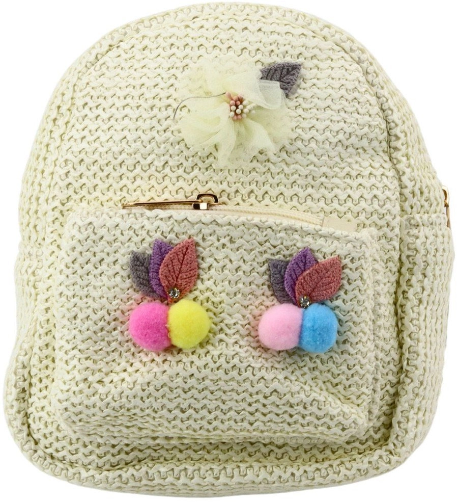 Children`s Backpack Embroidered with Colorful Pompoms