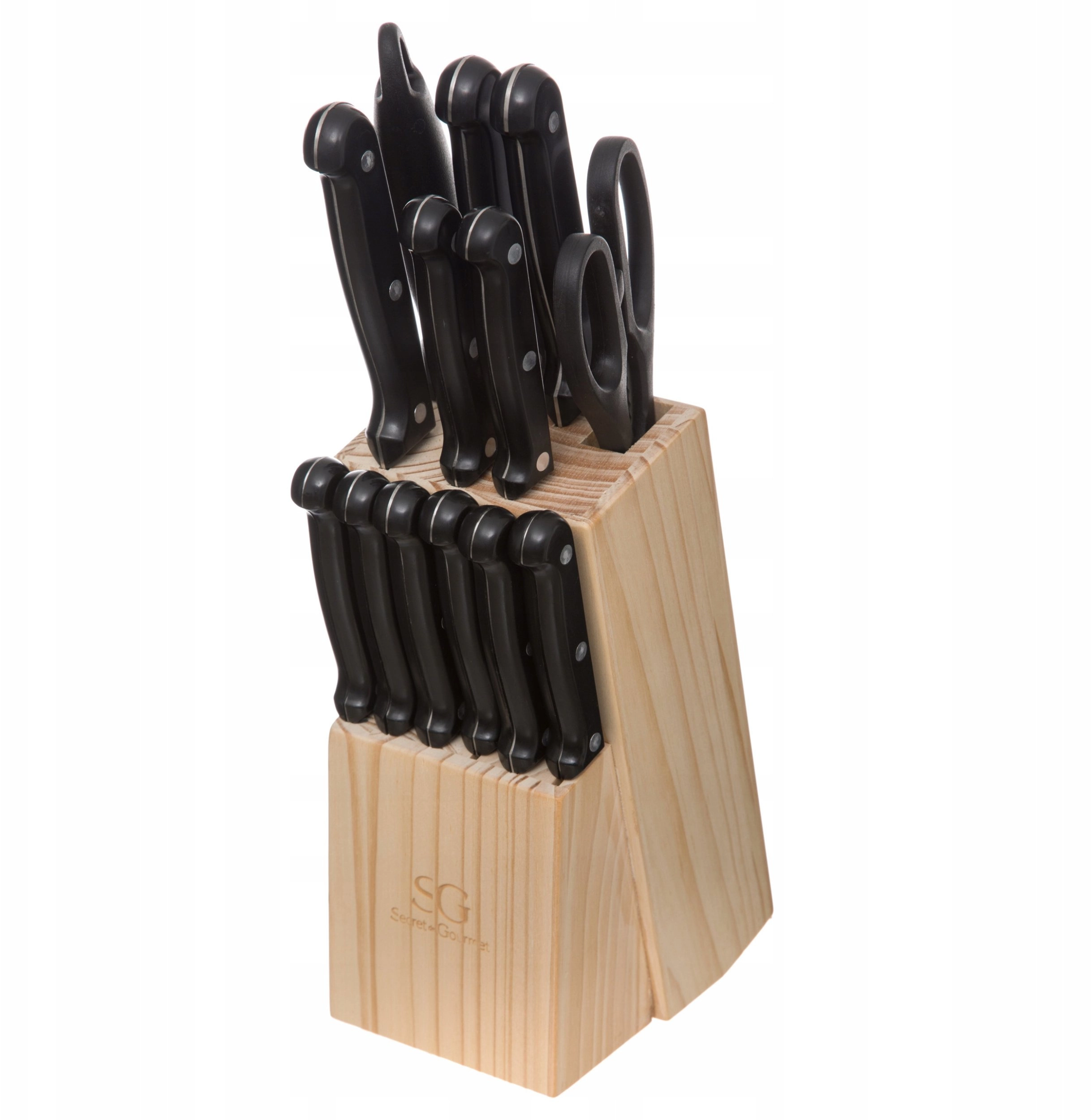 Wooden block with knives and sharpener