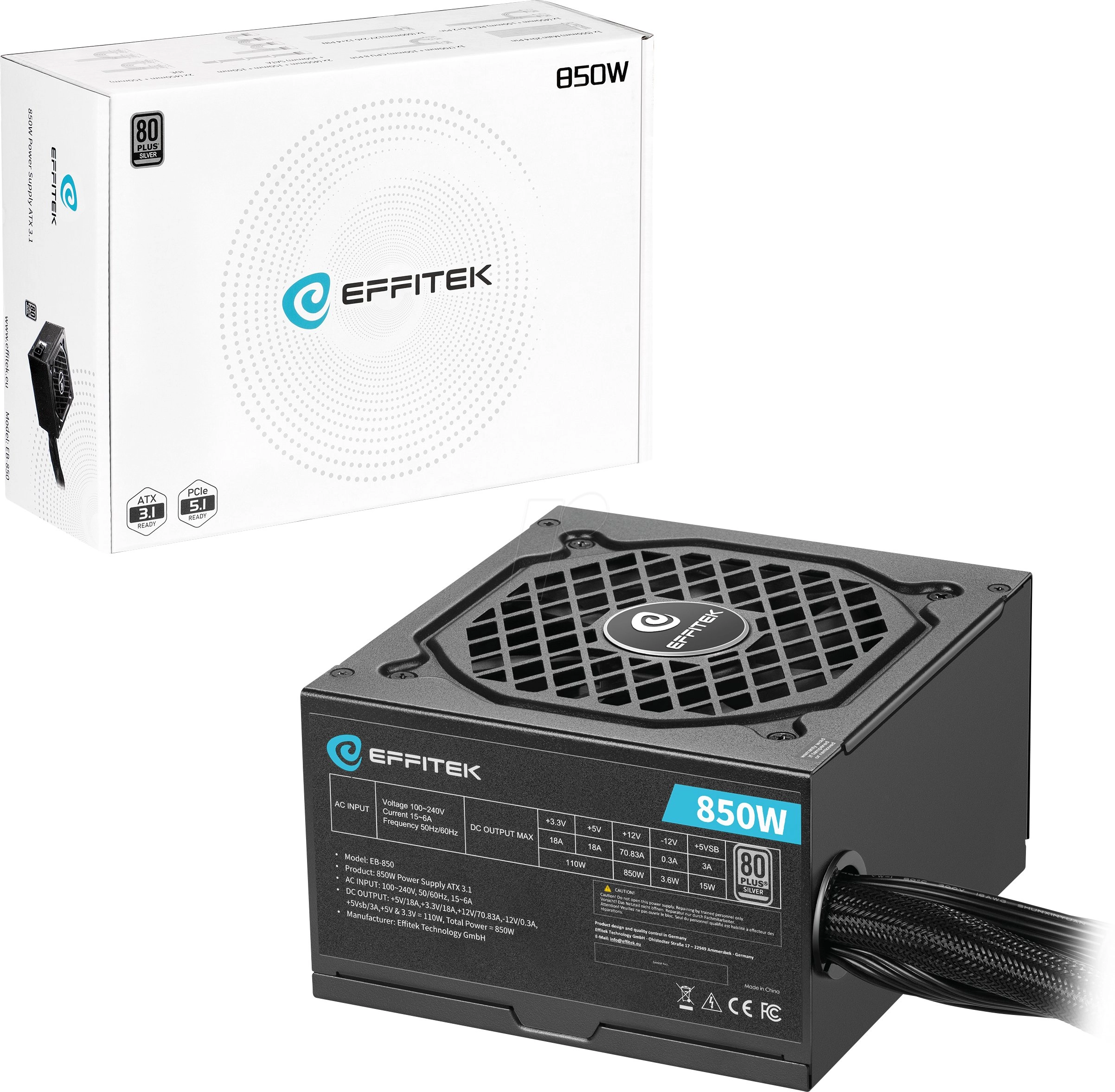 EFFITEK Power Supply 850W Silver ATX