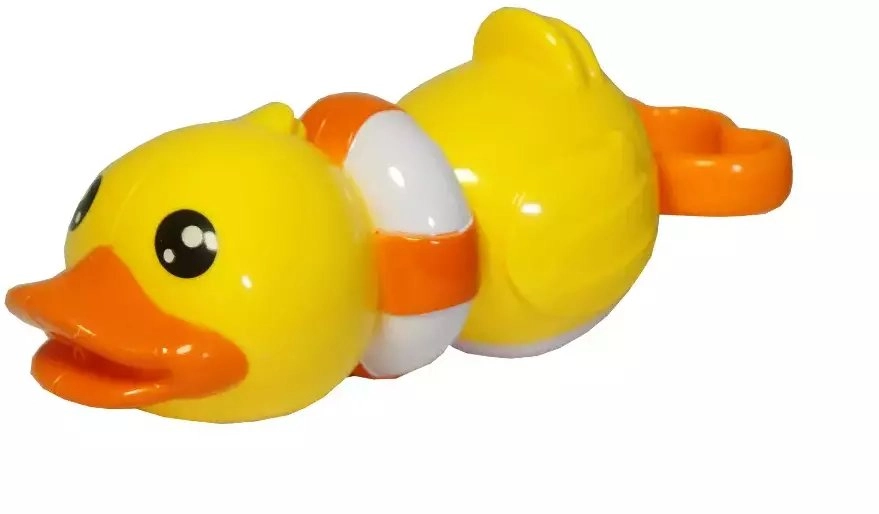 A duck peeing water bath toy