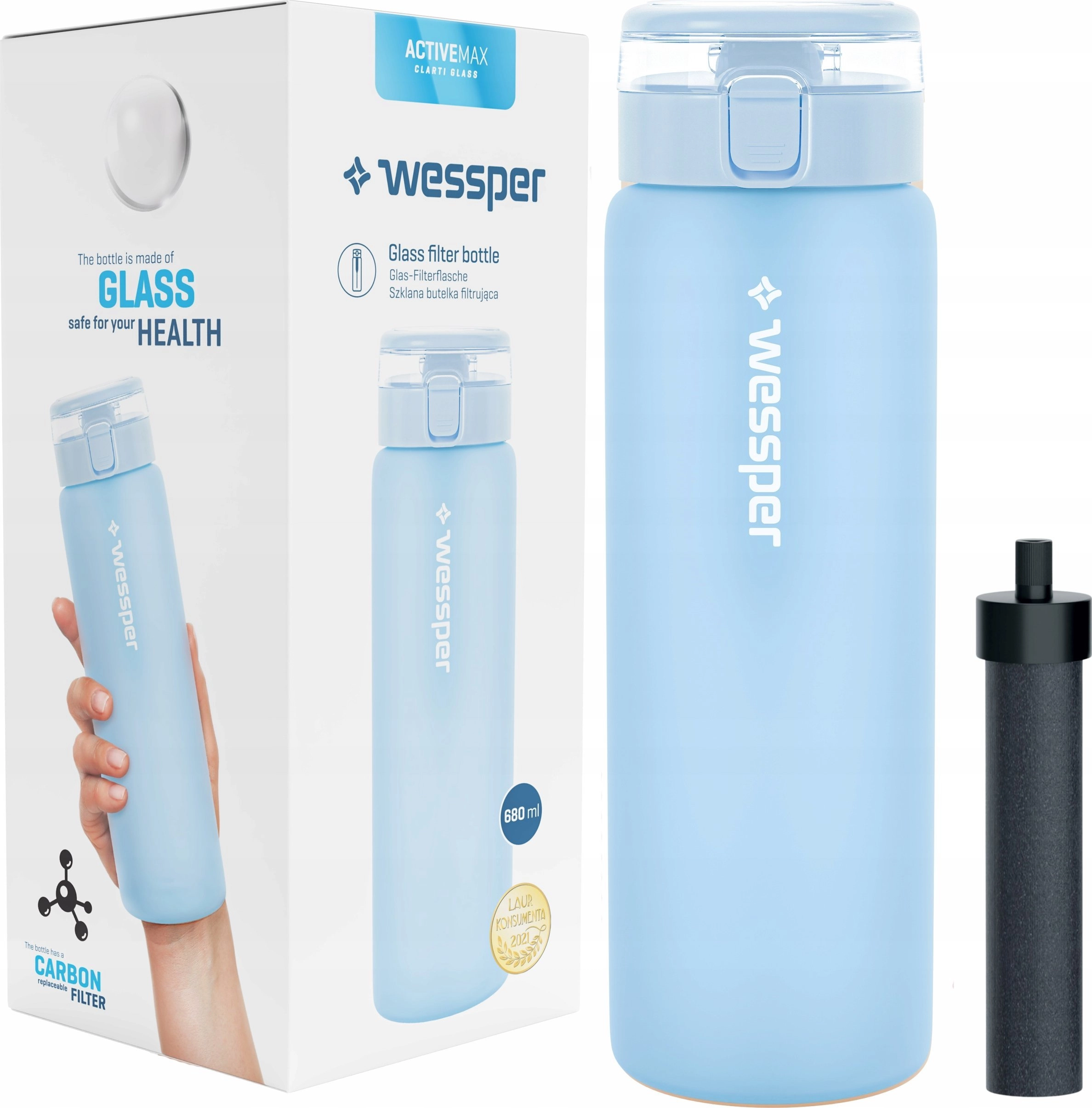 Wessper ActiveMax glass bottle 680ml blue
